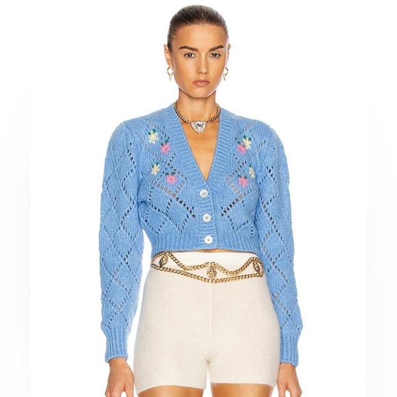 ALLESANDRA RICH Floral Wool Cropped Cardigan Light Blue Size 36 New - Picture 1 of 5